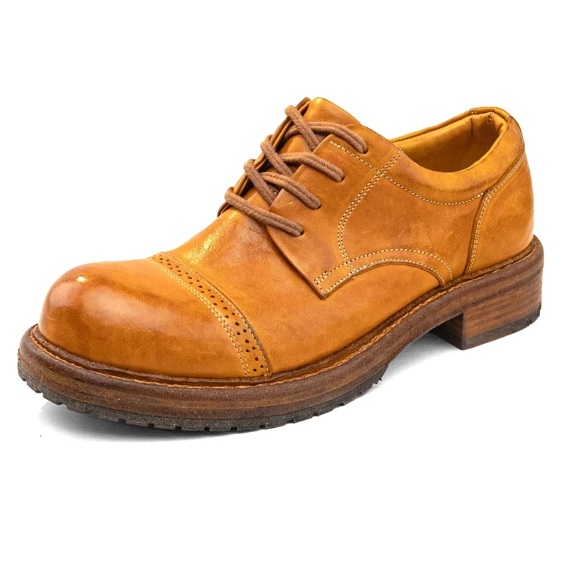 Horse Leather Casual Shoes for Men's Reddish and Brown Hand Sewn Washed Horsehide Derby Shoes Thick Sole Height-increasing Shoes