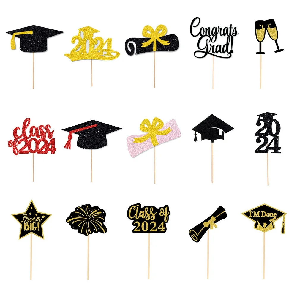 2024 Graduation Cake Toppers Congrats Grads Gold Black Paper Cucpake Topper Cake Decorations For Graduation Party 2024 Class