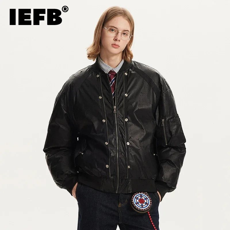 IEFB PU Leather Crack Male Cotton Coats Round Collar Solid Color Metal Design Casual Worn-out Loose Men's Padded Jackets 9W146