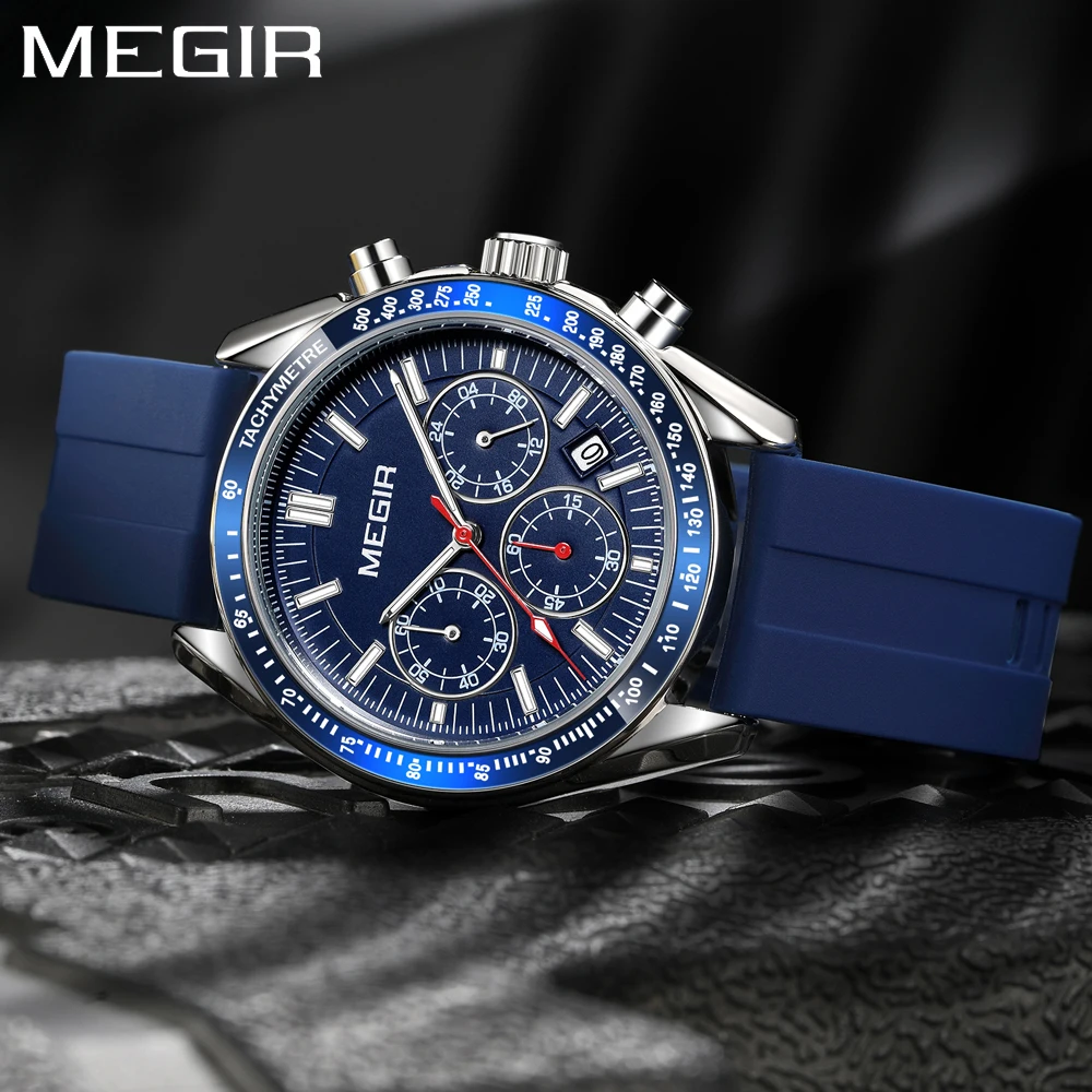 MEGIR Chronograph Quartz Watches for Men Military Sport Waterproof Male Wristwatch with Silicone Strap Auto Date Luminous Hands