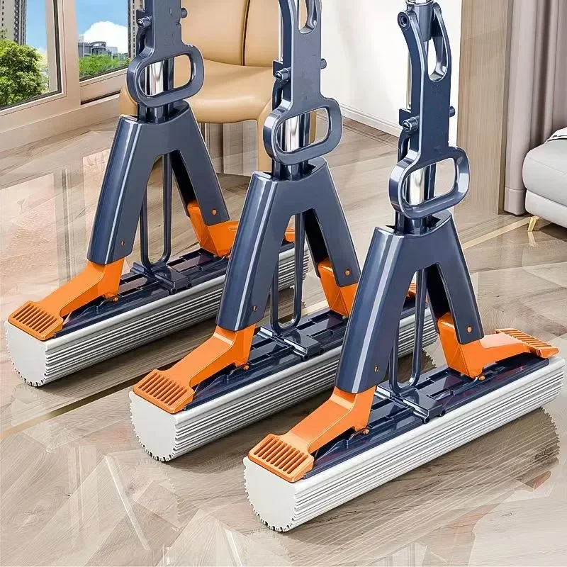 Household Floor Cleaning Tool Squeezed Self Draining Rubber Cotton Mop Hand Free Self-Cleaning Flat Mop Reusable Sponge