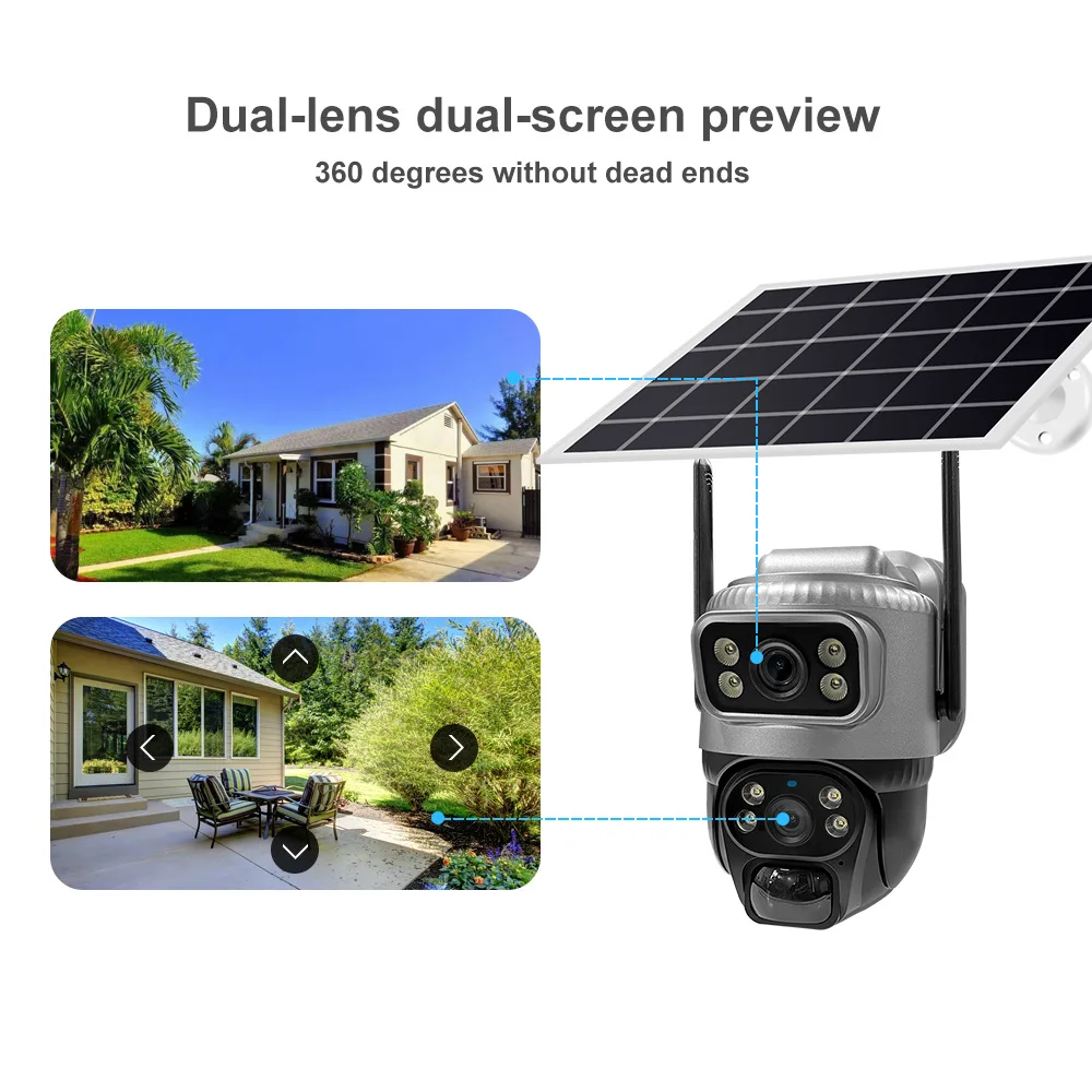 4MP Solar Camera Outdoor Dual Lens Dual Cameras Two Way Audio HD Night Vision Wireless Mobile Remote Monitor Built-in Battery