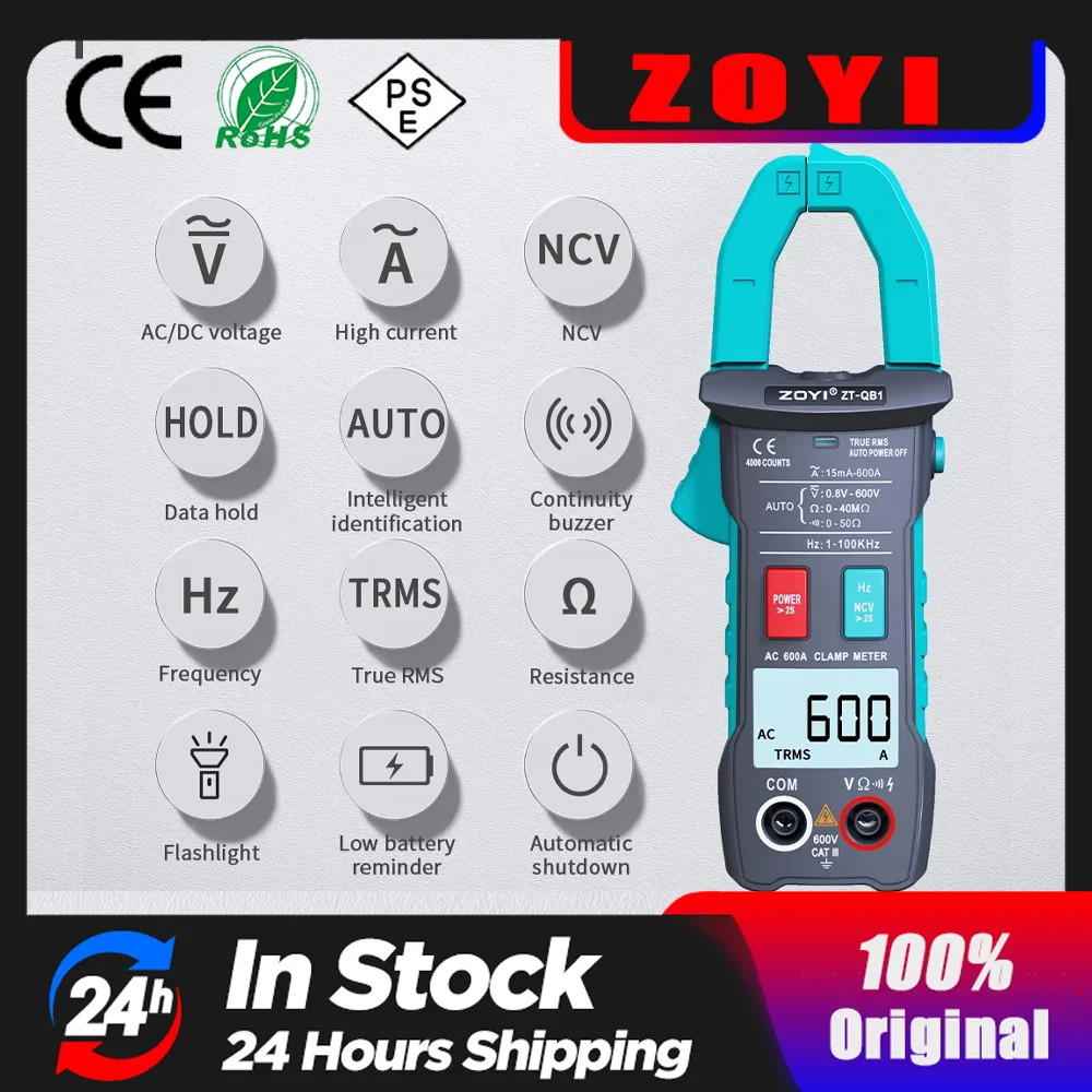 ZOYI Cyfrowy miernik cęgowy 600A Prąd True RMS Inteligentny amperomierz szczypiec Auto Rang 6000 Multimetr Napięcie DC AC Hz Ohm NCV Tester