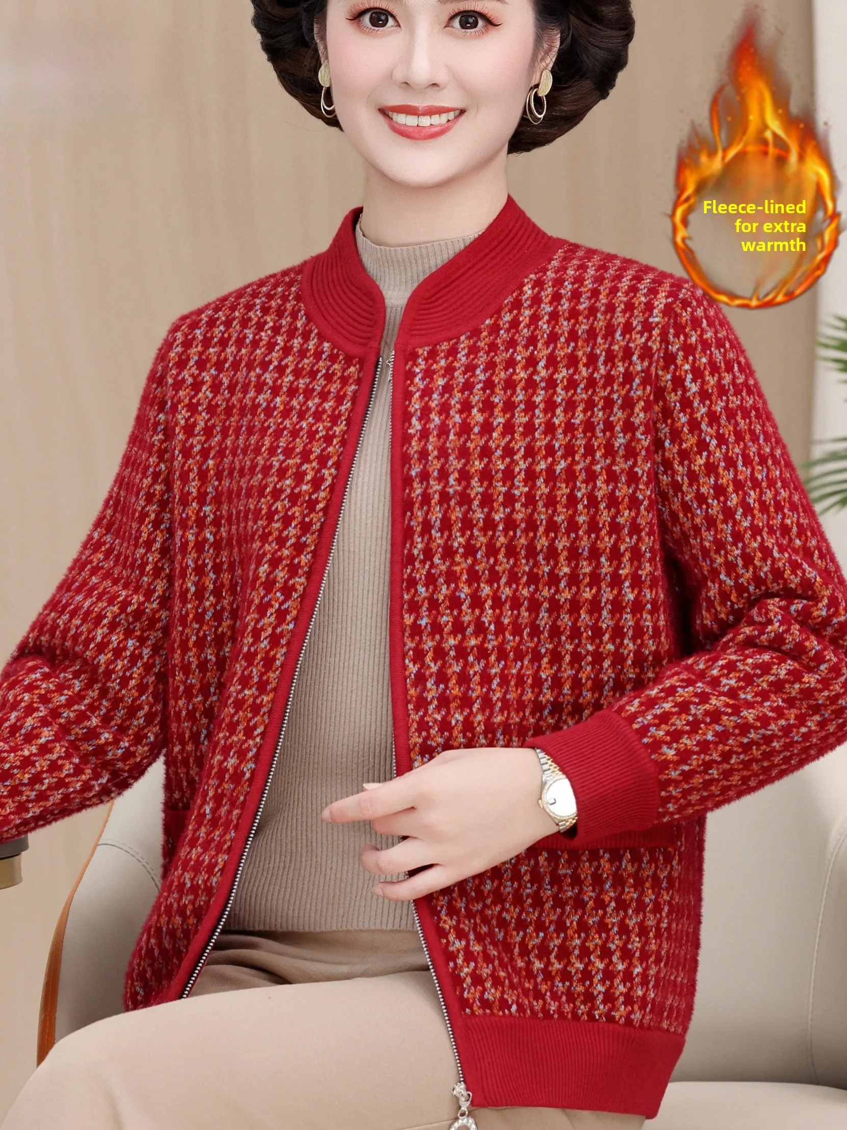 

Thiened Fce вязаный свитер на молнии с воротником-стойкой для женщин среднего возраста и ли, теплый свитер для мамы, осень-зима, одежда...