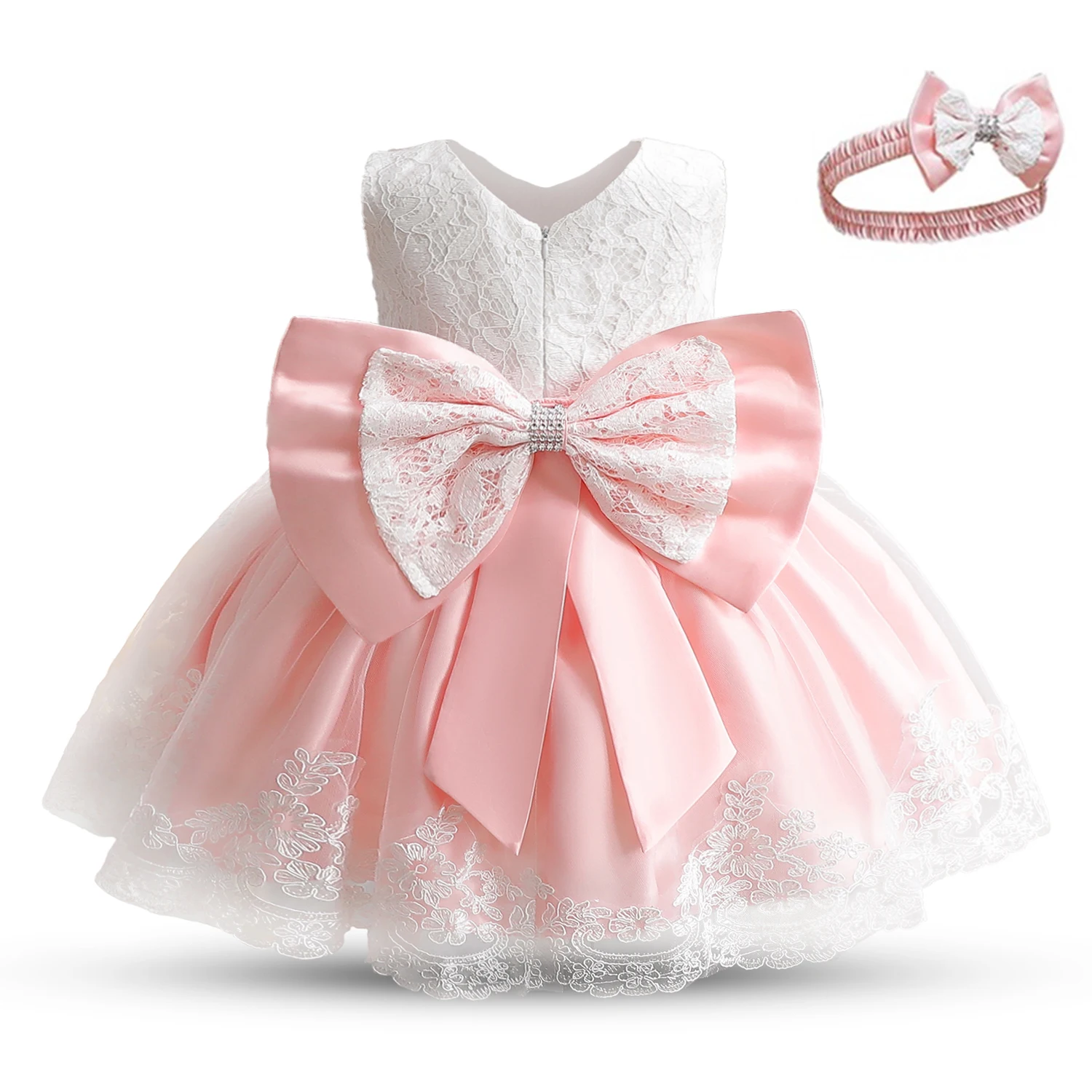 Baby Girls Embroidery Lace Princess Dress Cute Bow 12 Months Infant Baptism Gown 1st Birthday Party Christening Tutu Dress