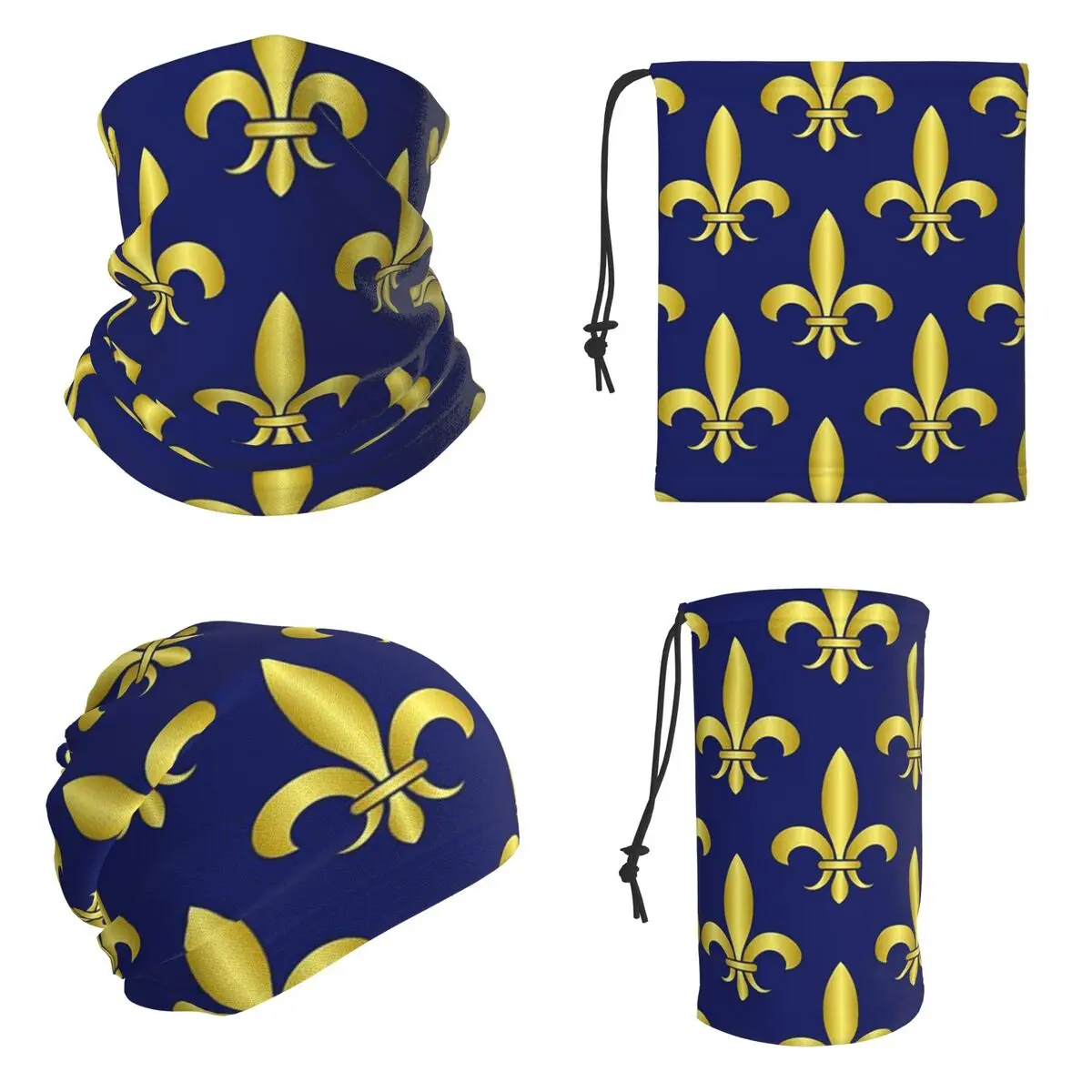 Gold Blue Fleur De Lis Royal Lily Bandana Neck Gaiter Printed Mask Scarf Hiking Fishing Balaclava Unisex Adult Washable