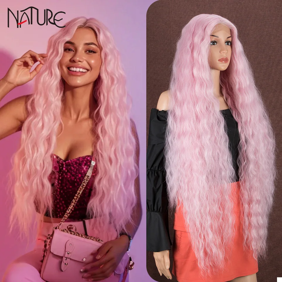 

NATURE Synthetic Lace Part Wig Cosplay Wig 42 Inches Jerry Curly Pink Blonde Brown Ombre Wigs For Women 150% Density Daily Wigs