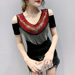 #5126 Black Off Shoulder T-Shirts For Women Tassels Sexy Tight Womens T Shirt Diamonds V-Neck T-shirt Femme Streetwear Summer