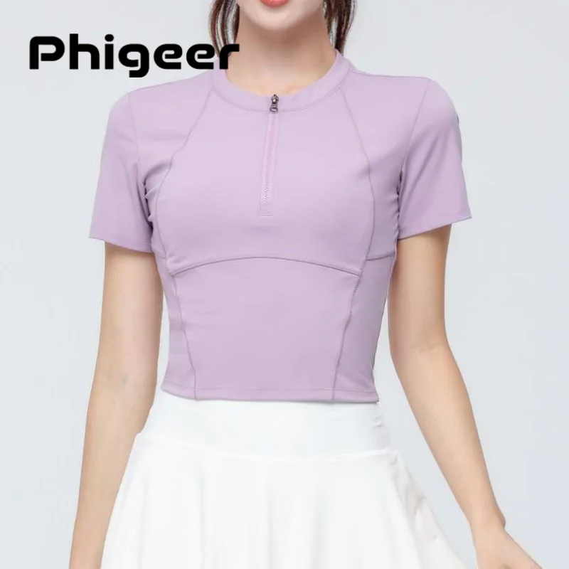 phigeer-レディース-クロップドヨガジャケット、軽量スリムフィットスポーツクロップトップ、ピラティスストリートウェア用のかわいいハーフジップアスレチックシャツ