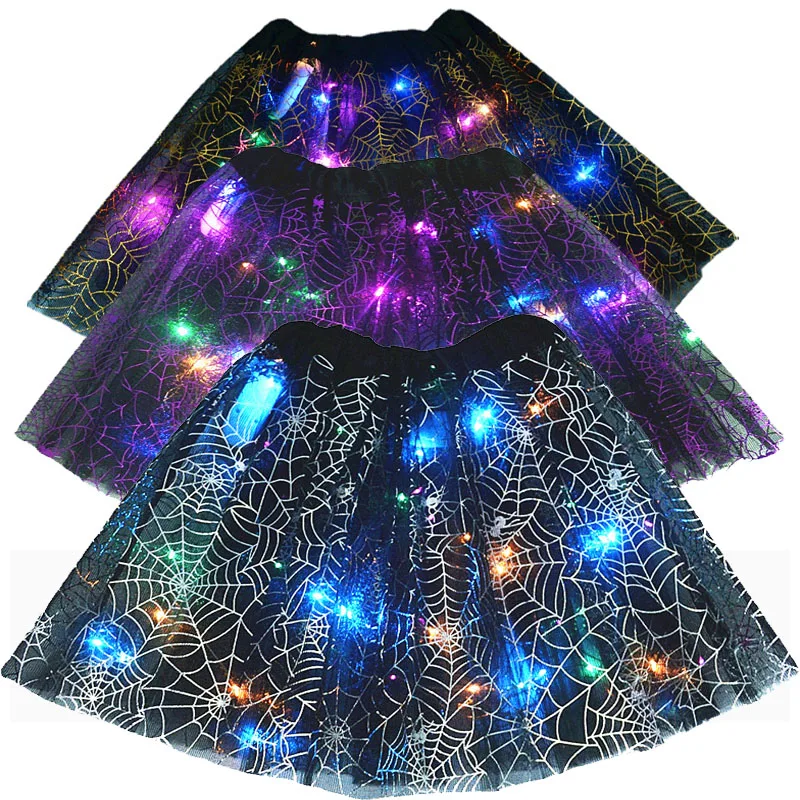 Falda de telaraña con luz LED brillante para niños y niñas, falda de telaraña, tutú de Cosplay, bolsa de disfraces de fantasía para fiesta de Carnaval y Halloween