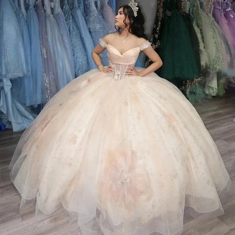 Vestidos de quinceañera color champán claro, cuentas de flores de encaje, tul con hombros descubiertos, fiesta de cumpleaños dulce 16 personalizada