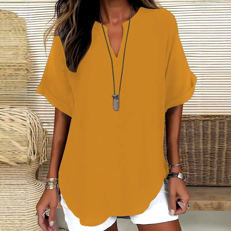 Casual damesshirt met losse pasvorm en V-hals - Ademende zomerblouse in effen kleuren, trendy oversized top voor Europese en Amerikaanse S