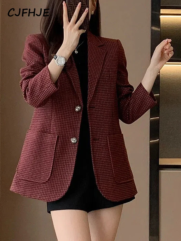 CJFHJE Plaid Green Fashion Suit Jacket Women Gray Autumn Button High Street Blazers Female Elegant Pocket Red Office Lady Blazer