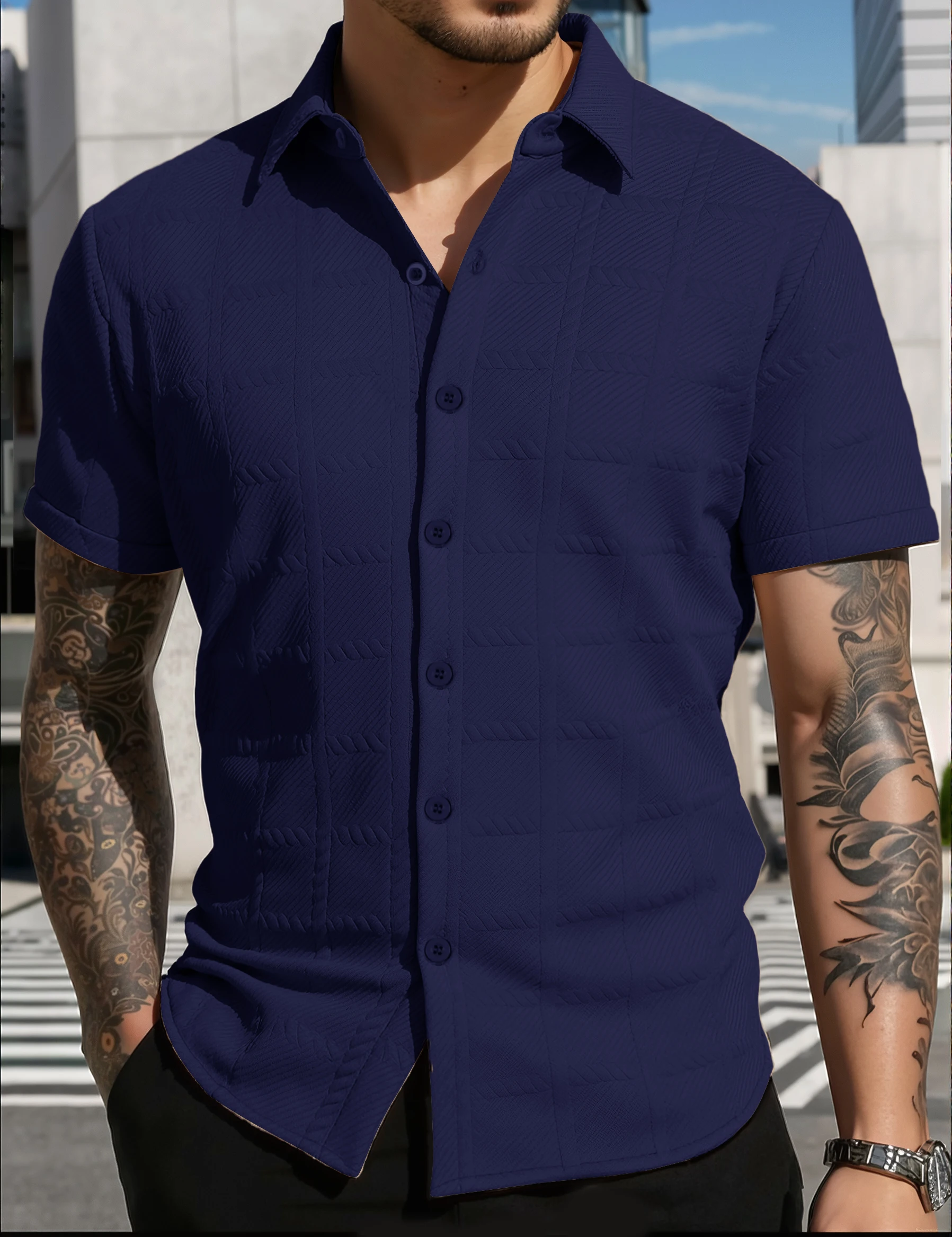 Summer 2025 new jacquard lapel casual short-sleeved shirt for men, street sporty and fashionable button knitted cardigan