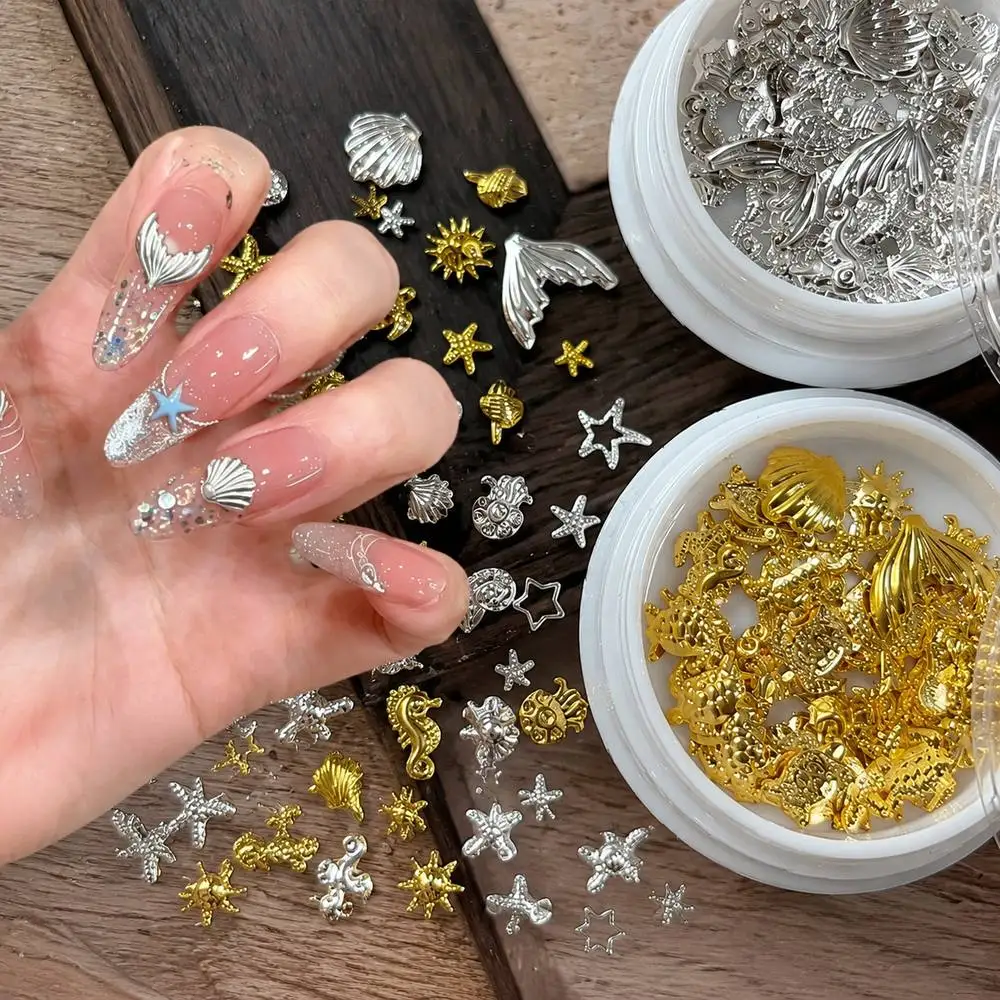 1Jar Marine Life Nail Charms, Gold Silver Sea Shell Starfish Nail Decor, Summer Beach Manicure Nail Supplies For Acrylic Art