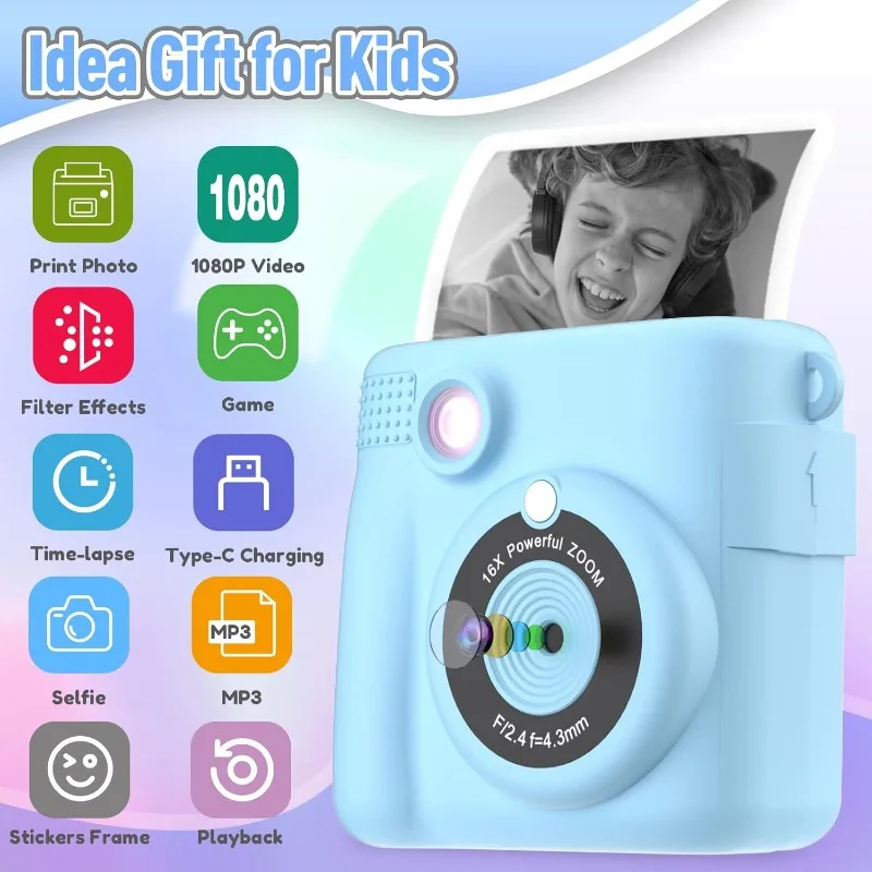 Instant Print Camera for Kids, Christmas Birthday Gifts for Girls Boys Age 3-12,Kids Digital Cameras for Toddler, Portable Toy
