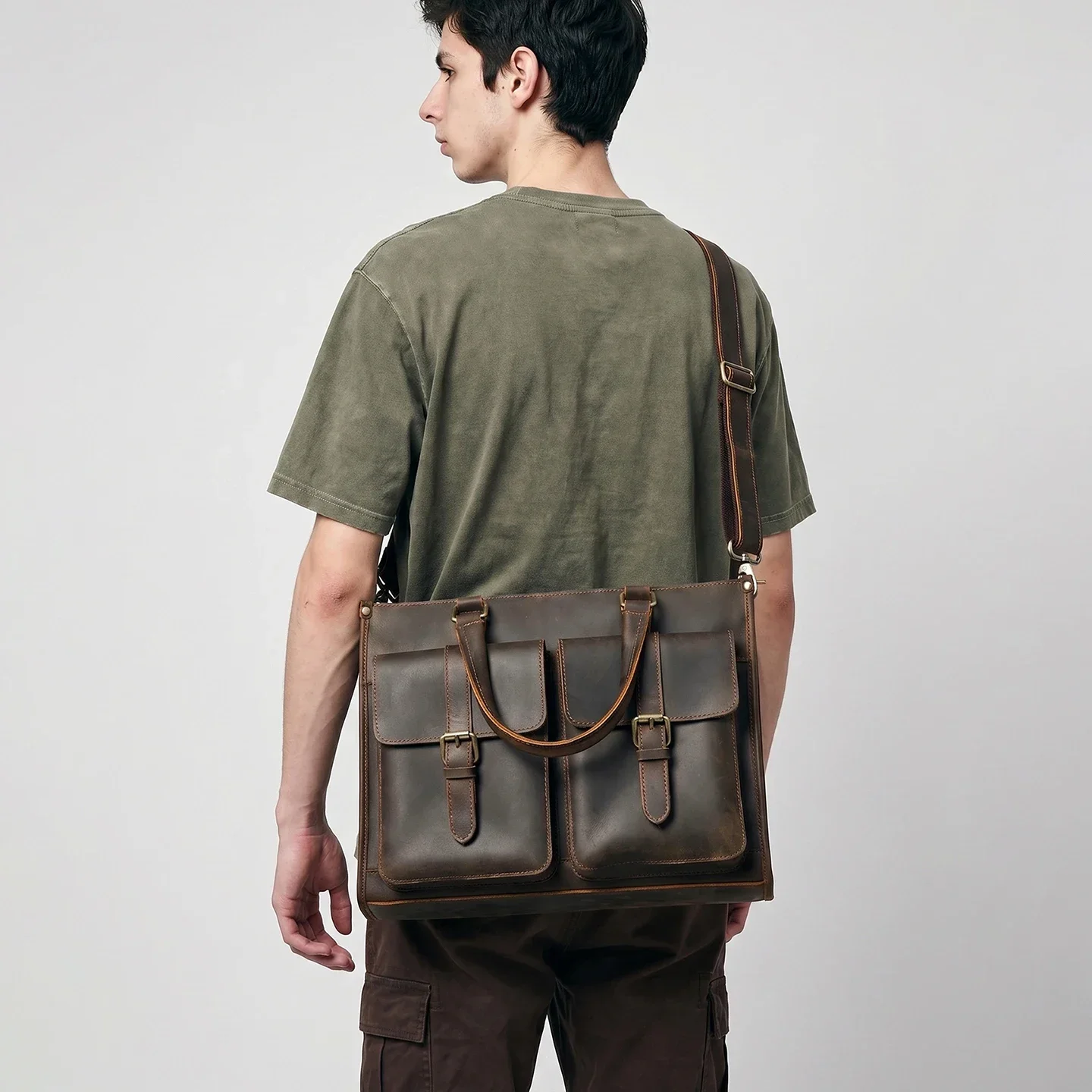 

Винтажная мужская сумка-мессенджер из натуральной кожи Crazy Horse через плечо, для работы и поездок, подходит для ноутбука 14 дюймов