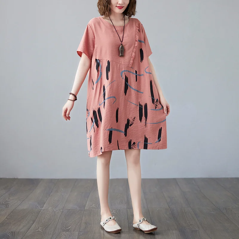 #3249 Summer Vintage Printed Dress Women O-neck Loose Mini Dress Short Sleeves Short Dress Female Retro A-line Womens Dress