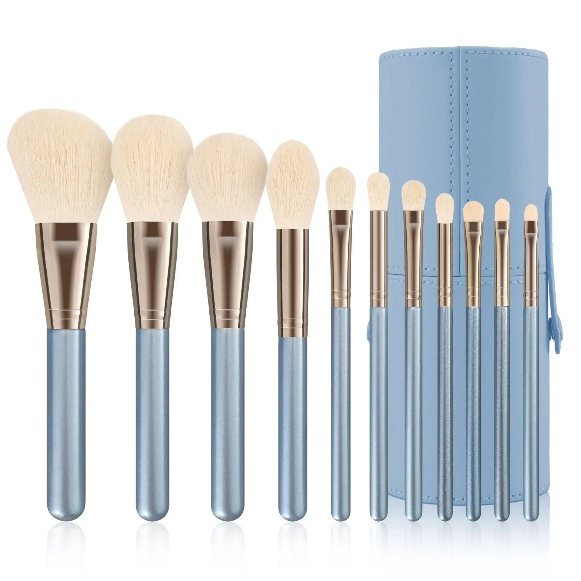 Set di pennelli per trucco con manico in legno da 11 pezzi Set di pennelli per ombretto per fondotinta in lana naturale Kit di pennelli cosmetici da viaggio portatili