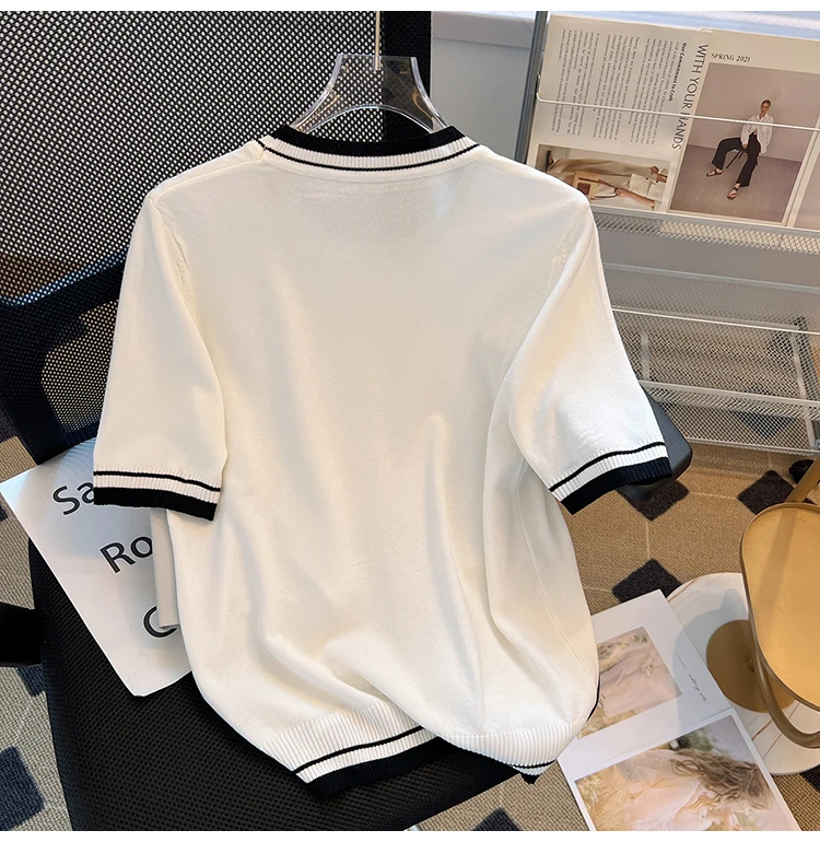 Rhinestones Beaded Ice Silk Tshirt Tops Women Knitted Sweater Knitwear 2024 Summer Short Sleeve O-neck Fashion Loose Tees Jumper