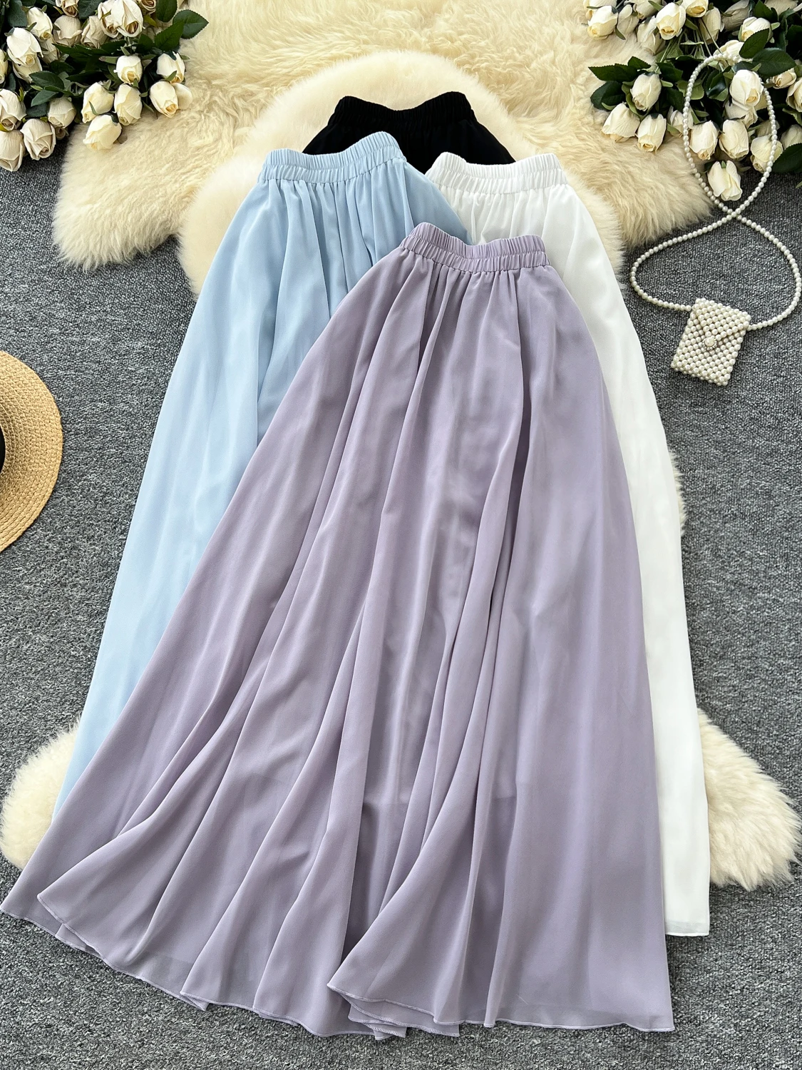 Ele High Waist A-Line Skirt Women's Summer Gentle Wind Aosphere Sensation Chiffon Skirt Korean Sle Office Commute