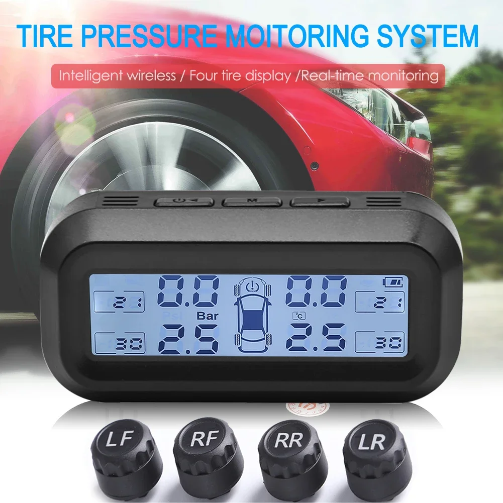 TPMS Car Tire Pressure Monitor System Automatic Brightness Control Attached to Glass Wireless Solar Power TPMS with 4 Sensors