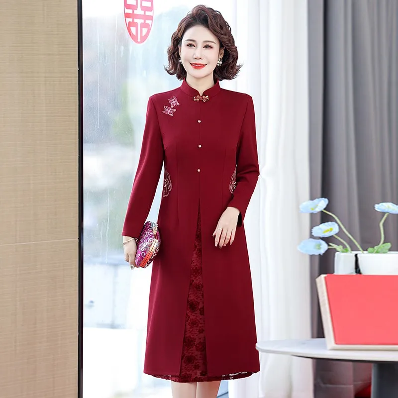 Robe de soirée de style chinois pour femmes, robe de broderie vertébrale rouge, robe vintage, robe éducative, élégante, luxe, printemps et automne