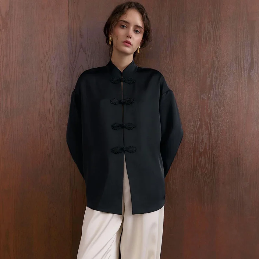 

Linad, женская блузка с воротником-стойкой в китайском стиле, осенние винтажные рубашки с длинными рукавами, женские повседневные свободные топы на пуговицах, 2025 г.