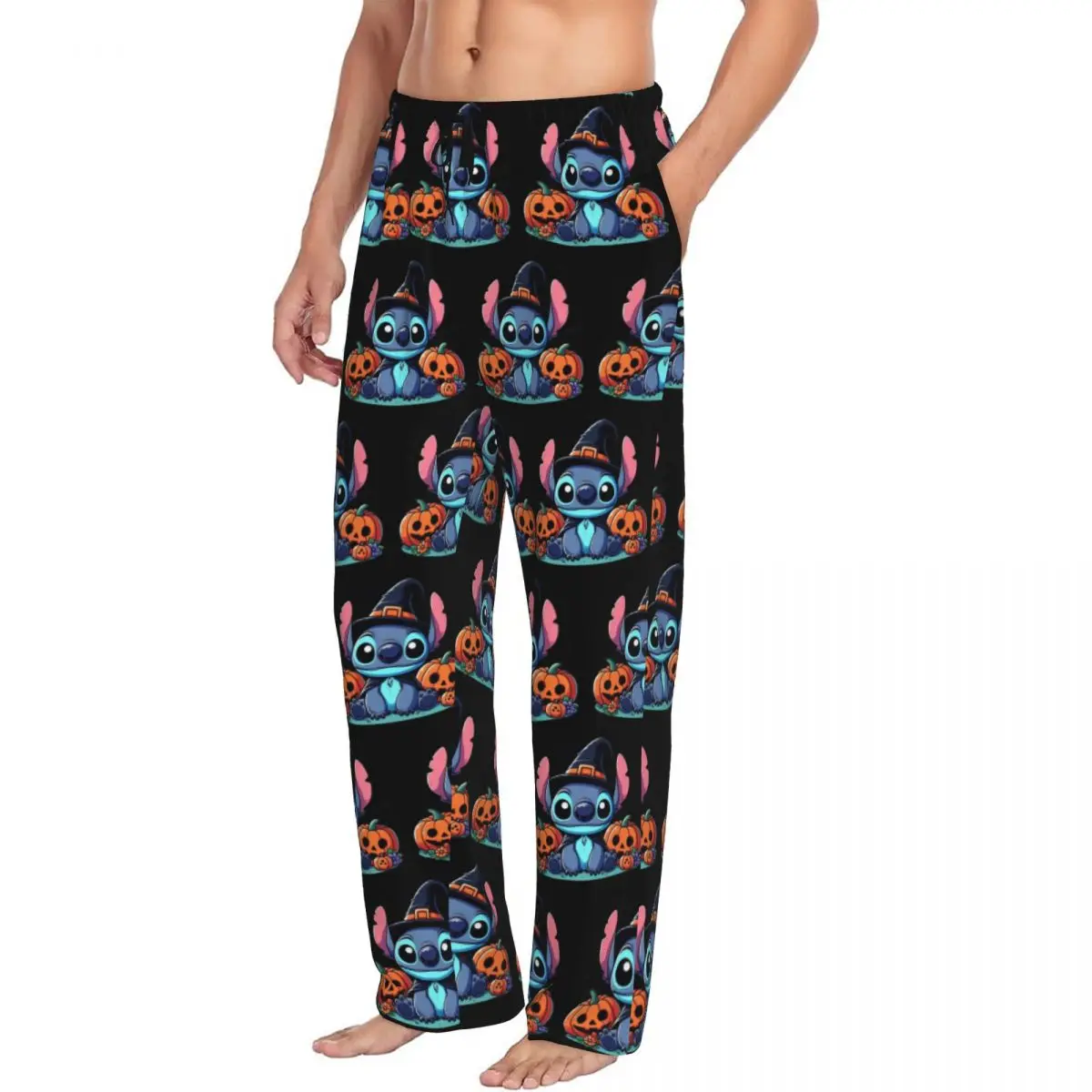 Custom Cartoon Stitch And Angel Cute Pajama Pants Sleepwear for Men Elastic Waistband Comic Sleep Lounge Bottoms with Pockets