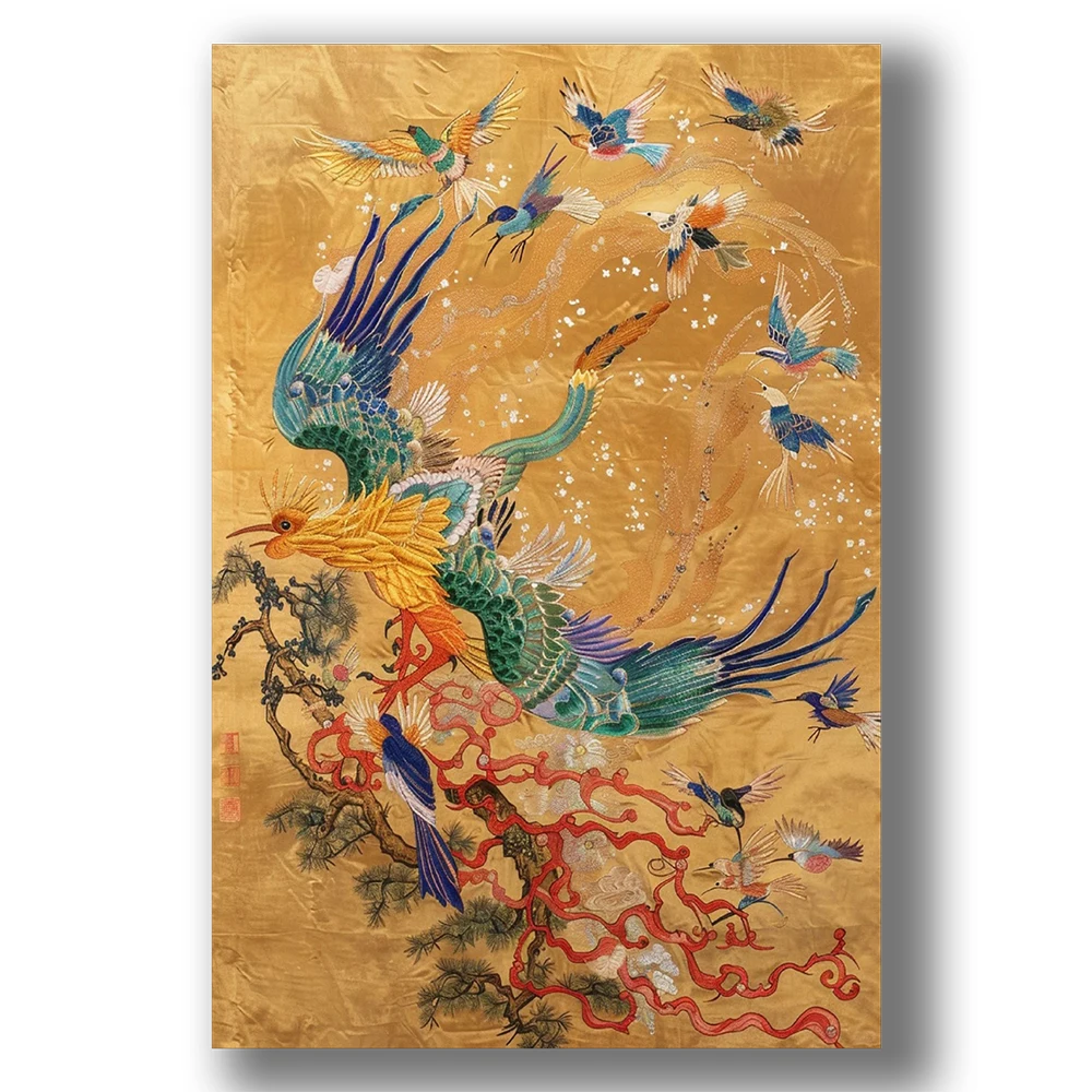 01 Chinese Style Birds Paying Homage To The Phoenix Elegant Art Deco Painting Print Wall Silk Fabric Poster Indoor Room