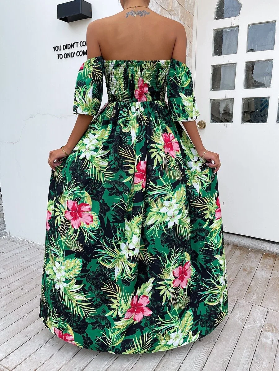 Prom Dress Summer Green Beach Sexy Split Print Floor-Length Skirt One-Shoulder Formal Evening Cocktail Party Guest Wedding Dress