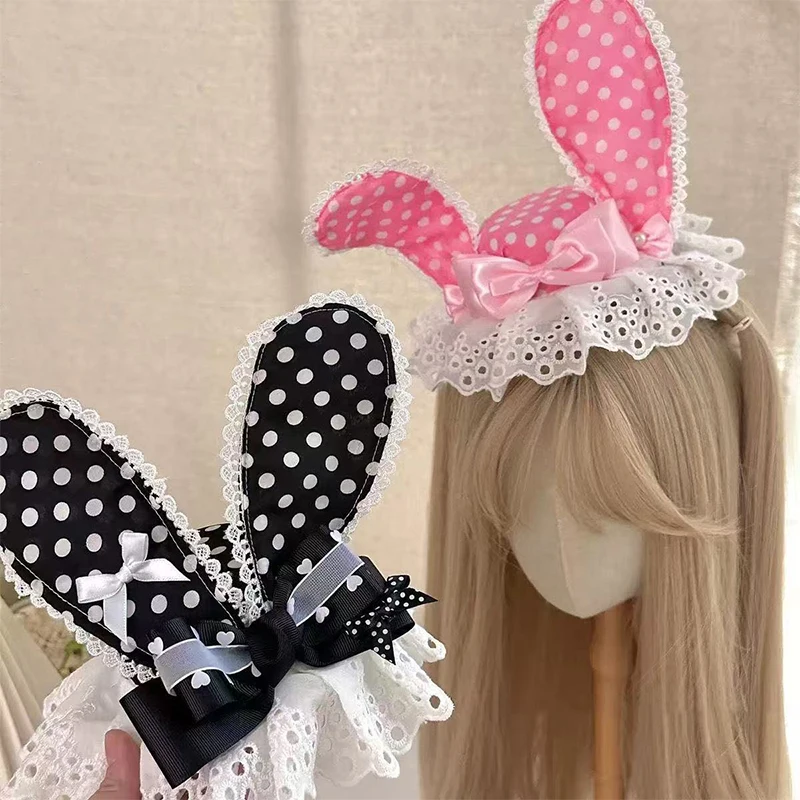 Polka Dot Lace Rabbit Ear Hair Clip Japanese Sweet Black And White Polka-dot Lace Rabbit Ear Hair Clip Sweet Girl Lolita Hairpin