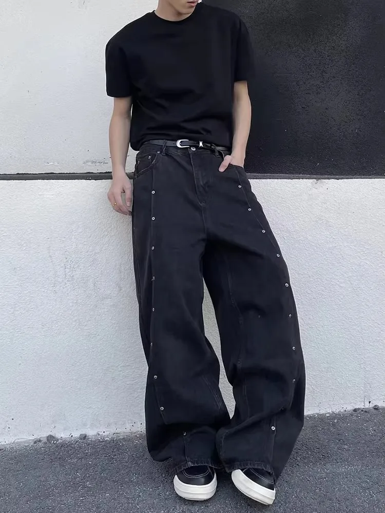 레다치 유니섹스 리벳 스티치 블랙 배기 진 남성 빈티지 워싱 솔리드 오버사이즈 로우라이즈 와이드 스트레이트 팬츠 하이 스트릿 의류