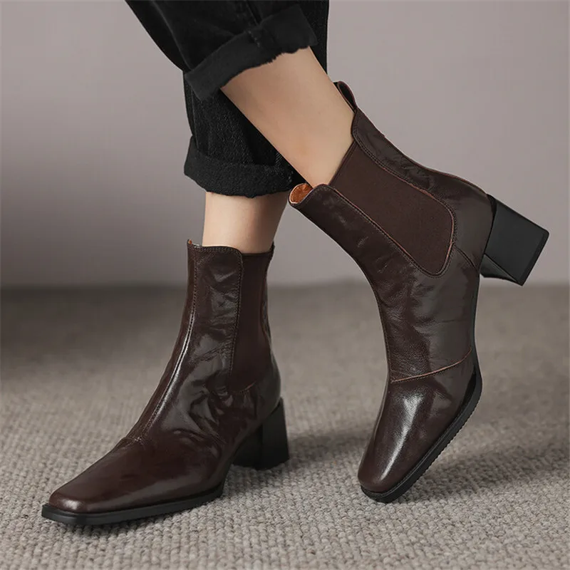 New Autumn Winter Genuine Leather Women Boot Fashion Boots Square Toe Chunky Heels Boots for Women Zapatos Mujer High Heels