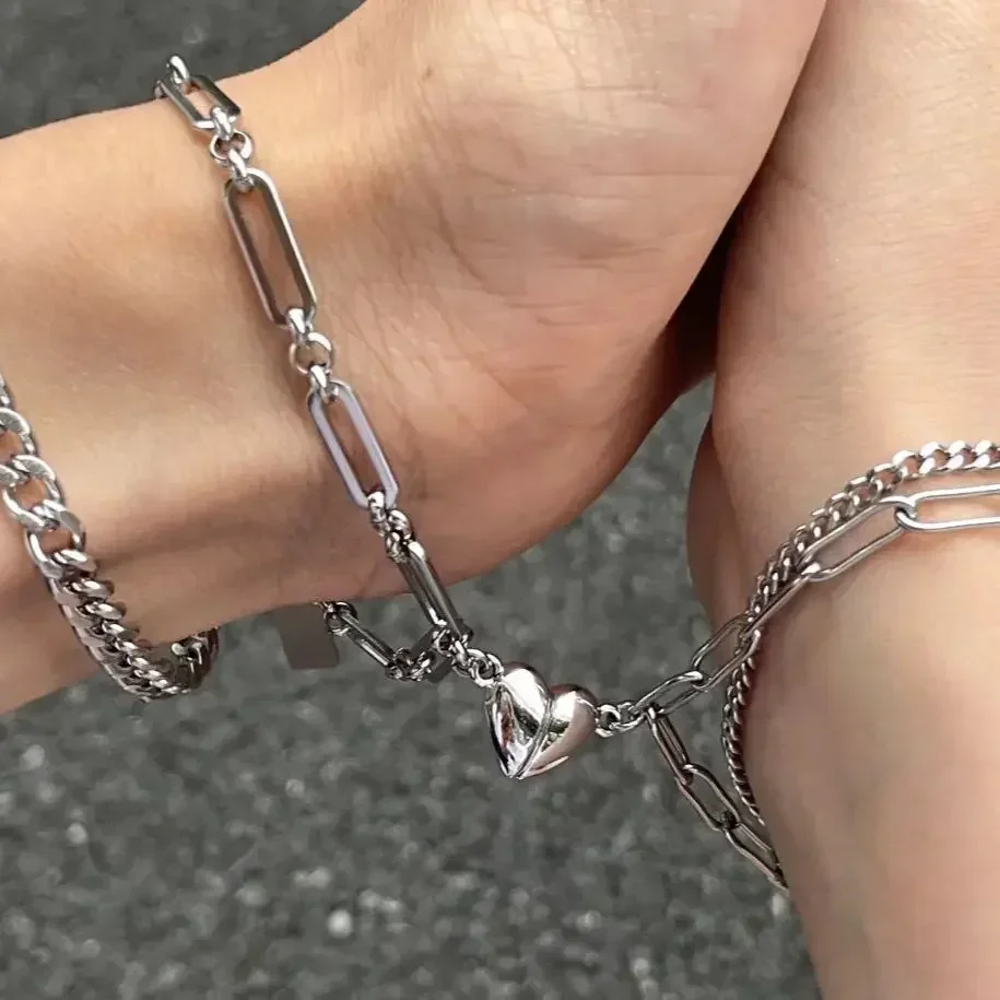 Exquisite Double Chain Romantic Love Magnetic Couple Matching Bracelet Women Metal Friendship Bracelet Birthday Gift for Lover