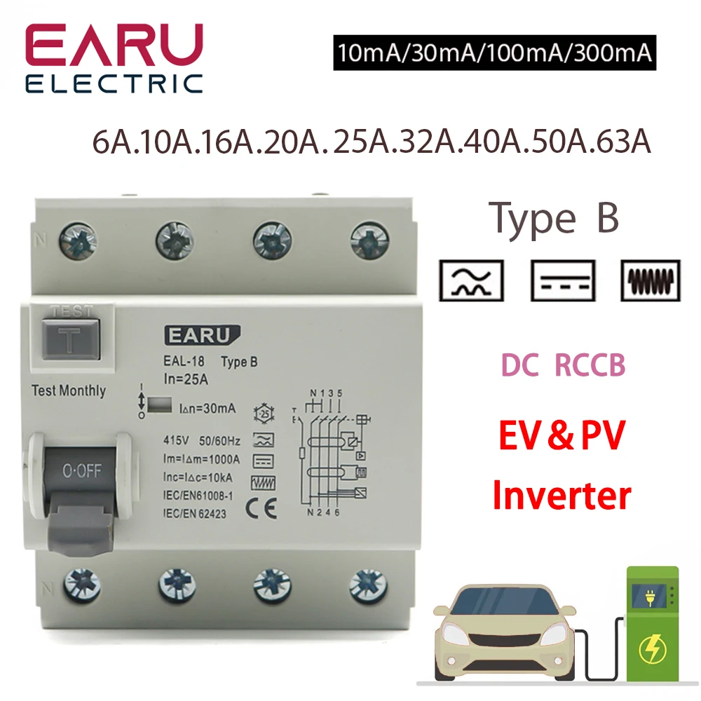 4P 10/30/100/300mA Electric Vehicle EV Charging Pile Residual Current Breaker DC RCCB RCD Type B 6KA Din Rail Earth Leakage