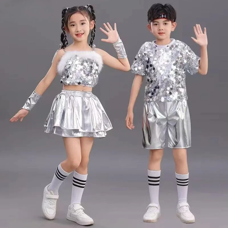 

Children's Jazz Stage Costumes White Tops Silver Sequined Shorts Girls Group Dance Performances Singers Music Festival Clothes
