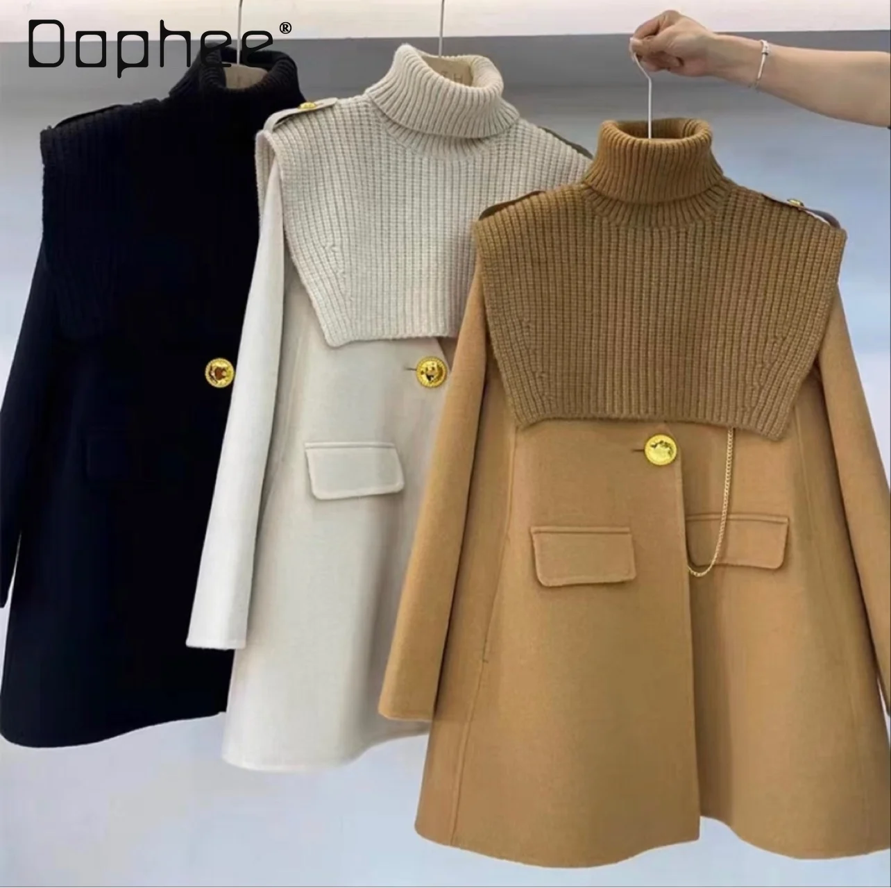 

Chic Wool Coat Removable Shawl Turtleneck Double Sided Cashmere Coat Women British Style One Button A Line Jacket Autumn Winter