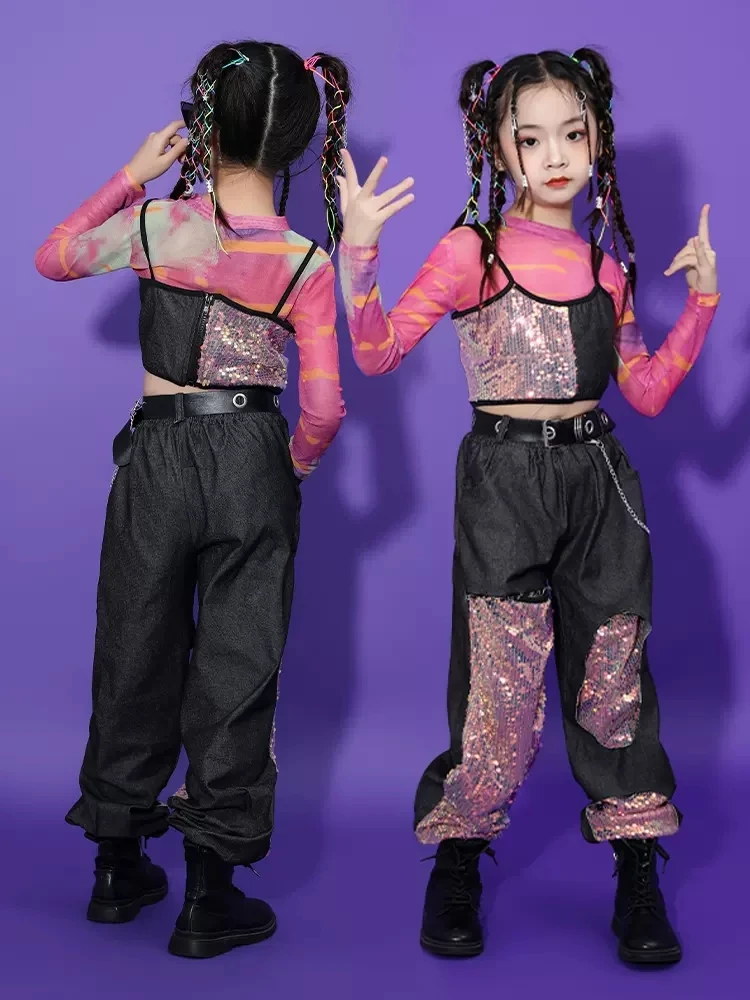 2025 Ropa de baile de Jazz para niñas, Tops de lentejuelas rosas, pantalones, disfraz de actuación de Hip Hop para niños, ropa de escenario para Festival de conciertos