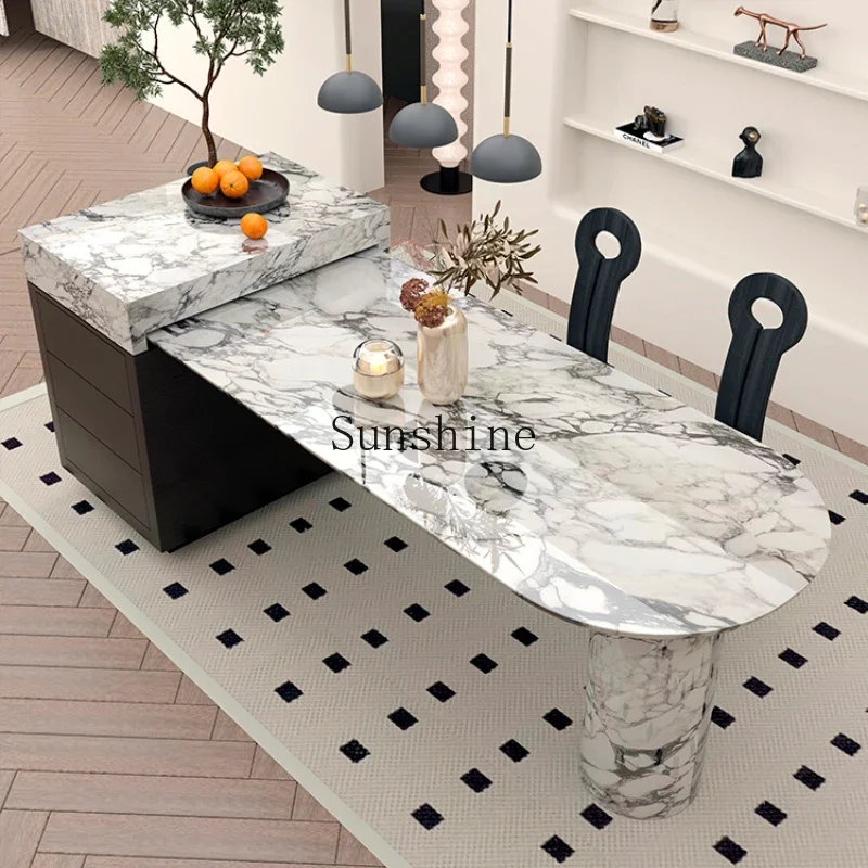 

Marble telescopic island dining table integrated solid wood high-end wall household American dining table