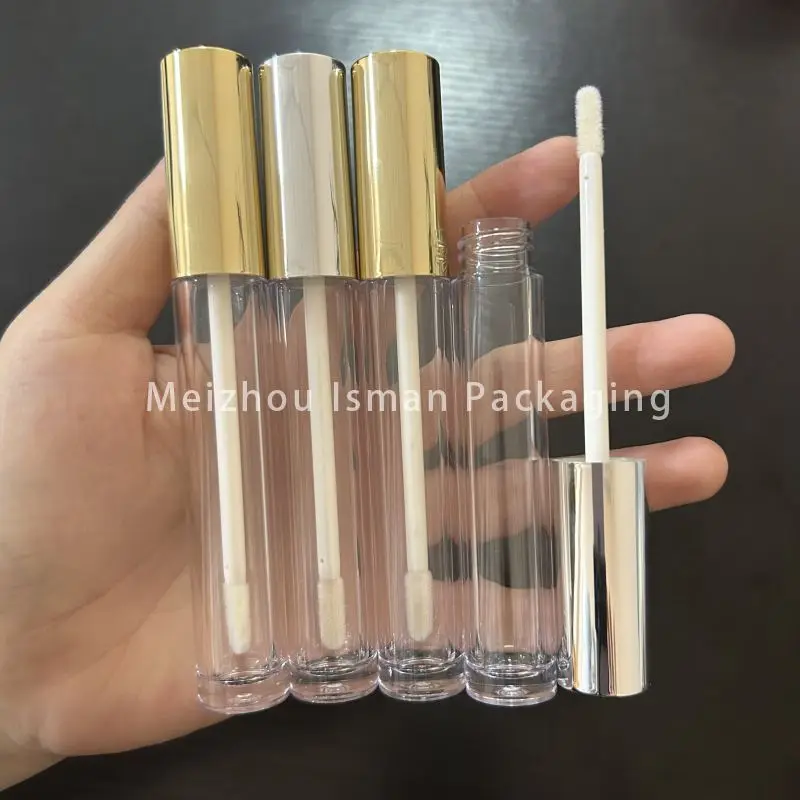 

50Pcs empty new round shaped metallic gold sliver lipgloss packaging clear bottle container tubes with brush 6ml