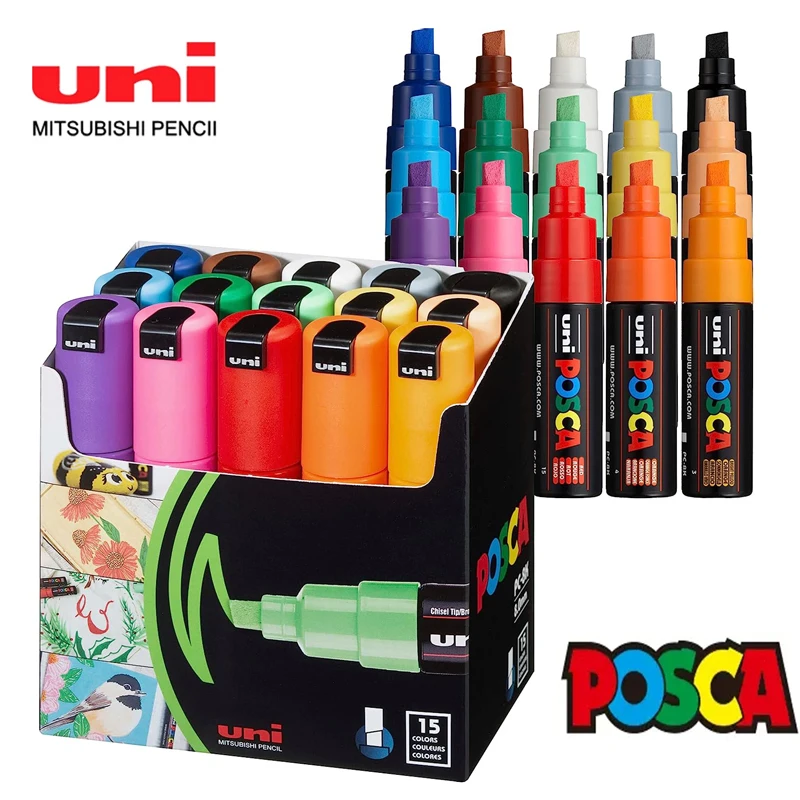 Uni-Marker Pen Set, POSCA Publicidade, Graffiti Pen, Linha Largura 8mm, 15mm, Art Supplies Adequado para Superfícies, Vários Materiais, 8K, 17K