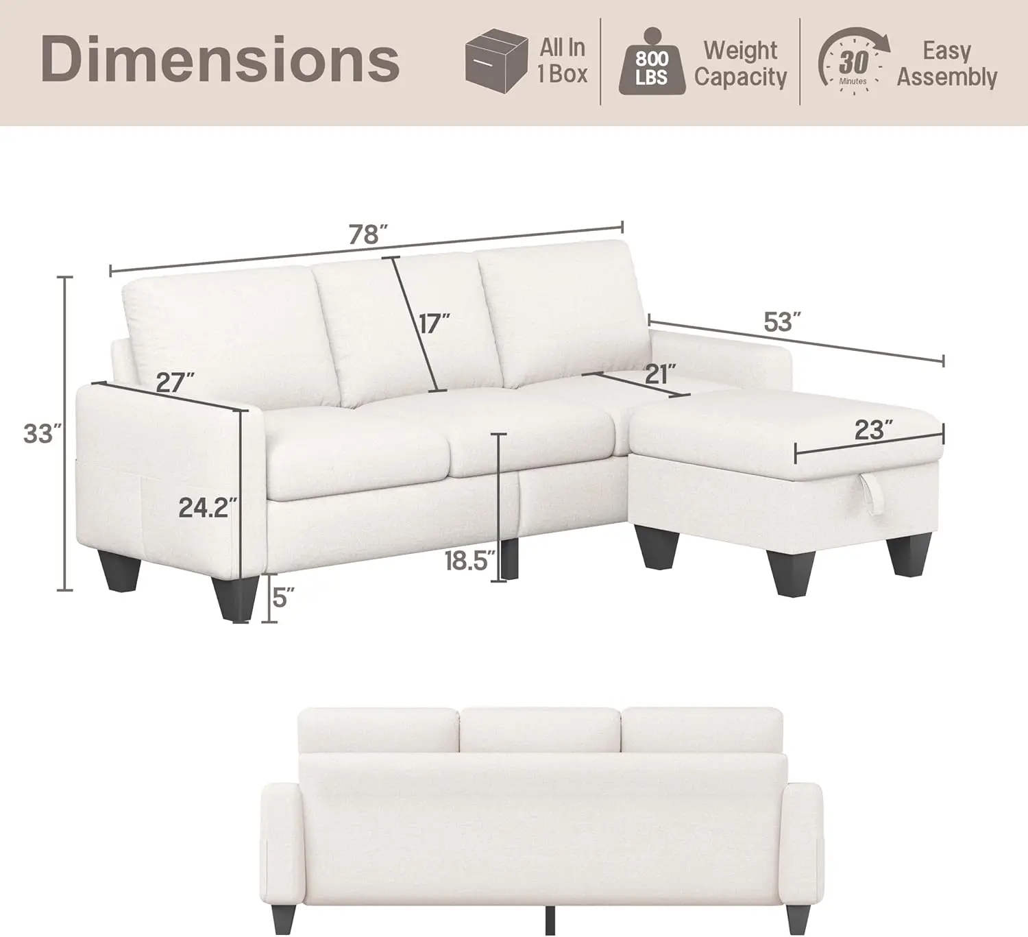 78'' Convertible Sectional Sofa Couch: Beige 3 Seat L-Shaped Sofa Couches with Storage Ottoman and Pockets