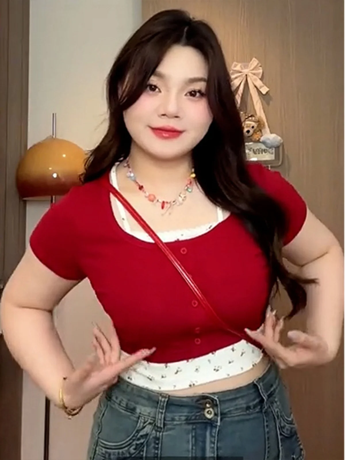 

plus Size Sweet And Spicy Floral Red ort Sve T-irt Women's Summer New Sle Slimming Fake Two-Piece Top Korean Sle C...