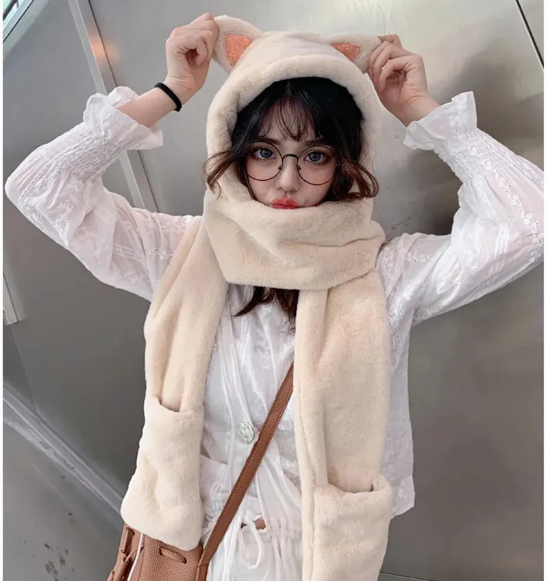 New Korean Style Fashionable Versatile Women'S Autumn And Winter Cute Plush Warm Windproof Hat Gloves Scarf One-Piece Hat