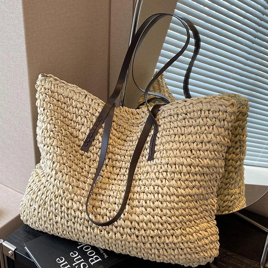 Sacs fourre-tout tissés en paille pour femmes, sacs à main de grande capacité, décontracté, plage, initié au shopping de style simple, nouveau design de luxe, mode estivale