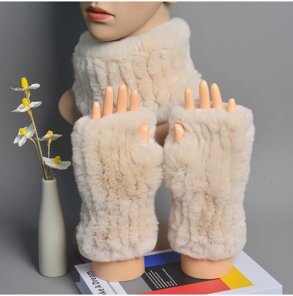 One Set Women Real Rex Rabbit Fur Cuff+Headband Winter Warmer Hat Arm Wrist Sleeve Gloves Female Real Fur Cap+Elastic Wristband