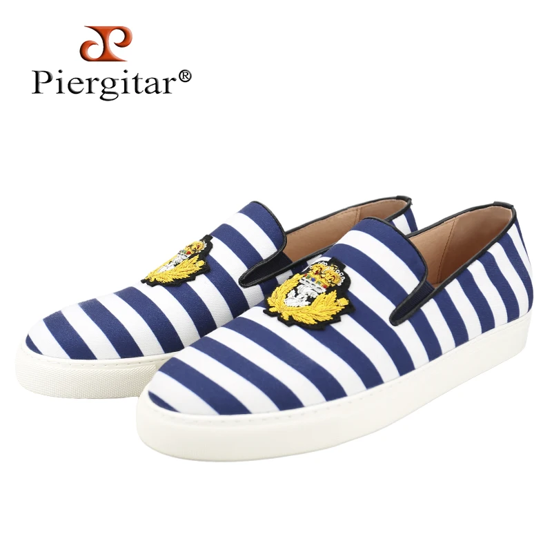 Piergitar British Style Naval Orchid Striped Canvas Men's Sneakers With Crown Silk Patch Handcrafted Slip-On White Chunky Shoes