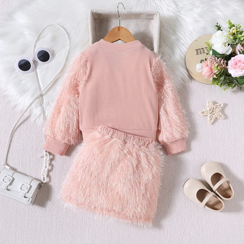 Little Girls Autumn 2 Piece Outfits 1-6T Kids Long Sleeve Crewneck Sweatshirt Tops Pink Plush Skirt Set