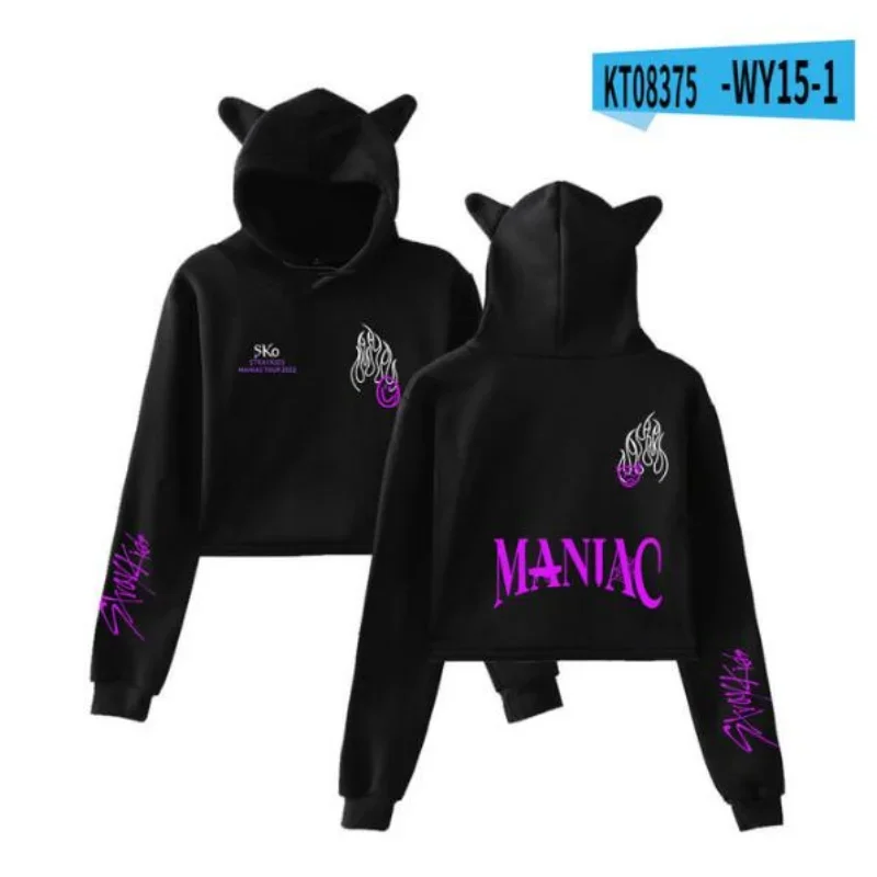 Stray Kids Maniac WORLD TOUR Crop Top Hoodie for Girls Harajuku Cropped Sweatshirt Streetwear Hip Hop Long Sleeve Pullover Tops